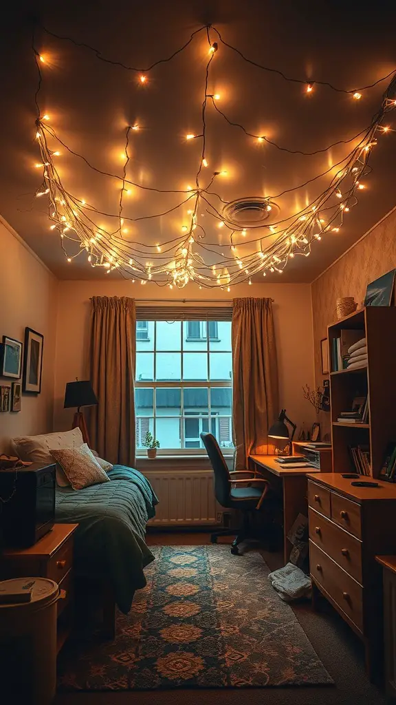 15 Adorable Dorm Room Ideas to Transform Your Space 2 A cozy dorm room with fairy lights draped across the ceiling.