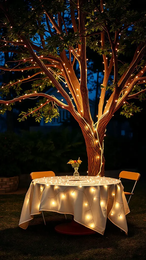A beautifully decorated outdoor table with fairy lights draped on a tree at night.