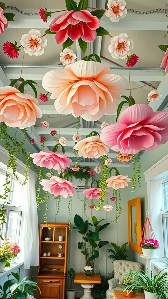 15 Stunning Ceiling Light Ideas to Brighten Your Home 14 A beautifully decorated room with large floral ceiling fixtures, featuring pink and peach flowers hanging from the ceiling surrounded by greenery.