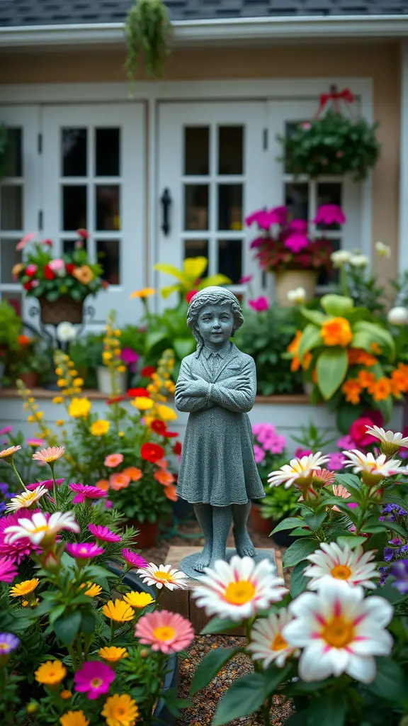 A whimsical garden statue of a girl surrounded by colorful flowers in a vibrant front yard.