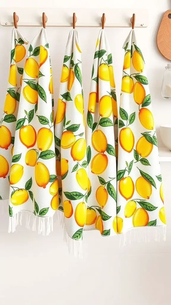 25 Creative Lemon Decor Ideas for Your Home 8 Colorful lemon kitchen towels hanging on a rack