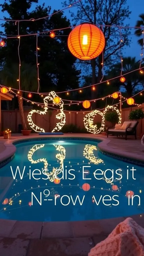 21 Stunning Backyard Pool Landscaping Ideas You Need to Try 14 A backyard pool area with whimsical lighting and colorful lanterns, creating an inviting evening atmosphere.