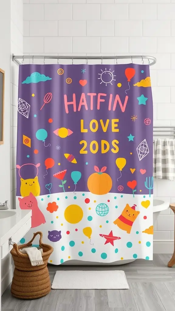 29 Funky Bathroom Ideas to Transform Your Space 2 A colorful and whimsical shower curtain featuring playful designs and bright colors.