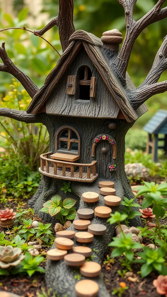 25 Enchanting Outdoor Fairy Garden Ideas to Inspire Your Creativity 7 A detailed view of a whimsical fairy treehouse with a balcony, surrounded by plants and stepping stones.