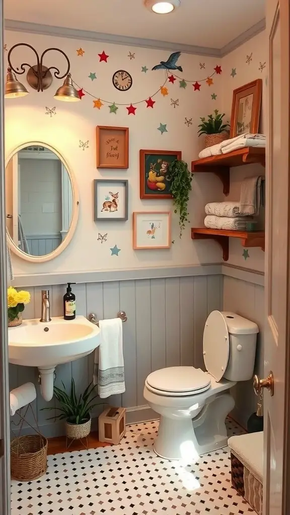 25 Charming Cottage Style Bathroom Ideas to Inspire Your Next Renovation 5 A cozy cottage-style bathroom featuring whimsical wall art with colorful stars and butterfly decorations.
