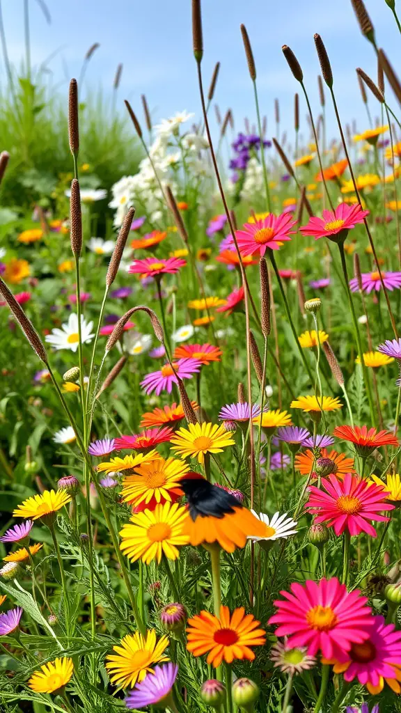 A vibrant wildflower bed with various colorful flowers blooming under a blue sky.