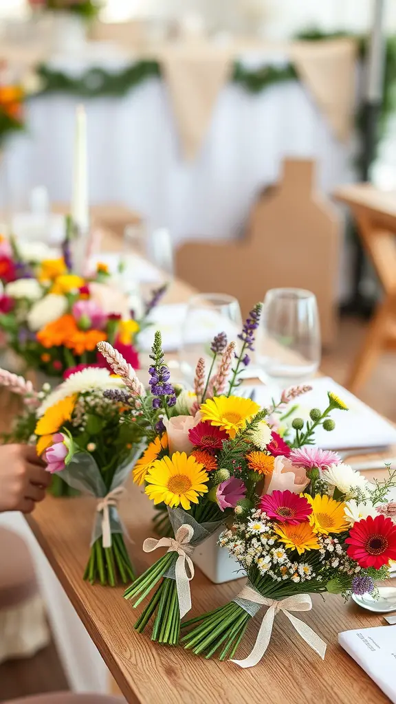 19 Creative Summer Baby Shower Ideas to Celebrate the Mom-to-Be 16 Colorful wildflower bouquets on a wooden table at a baby shower