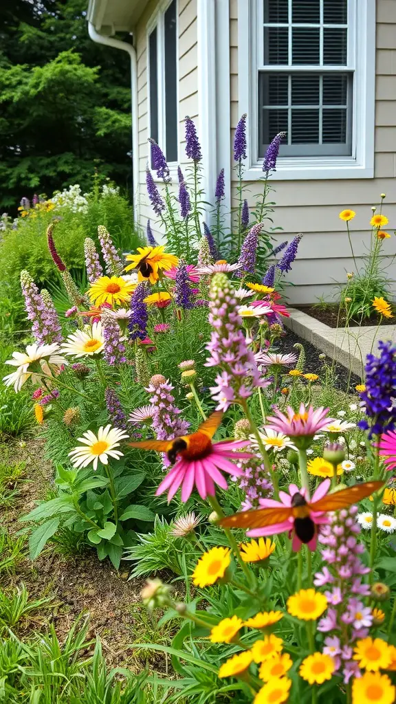 23 Creative Side Yard Landscaping Ideas You’ll Love 12 Colorful wildflowers blooming beside a house, with butterflies flying around.