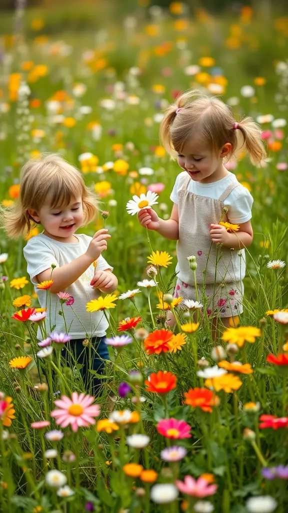 15 Fun Outdoor Activities for Kids to Enjoy 14 Two young children picking flowers in a field filled with colorful wildflowers.