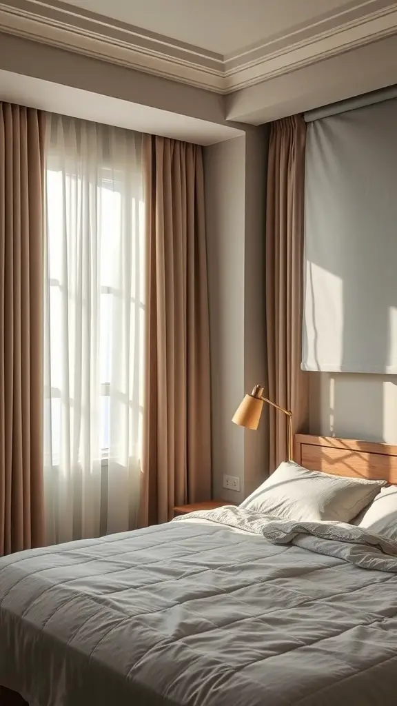 15 Cozy Apartment Bedroom Ideas for Ultimate Comfort 12 Cozy bedroom with layered window treatments featuring light curtains and heavier drapes