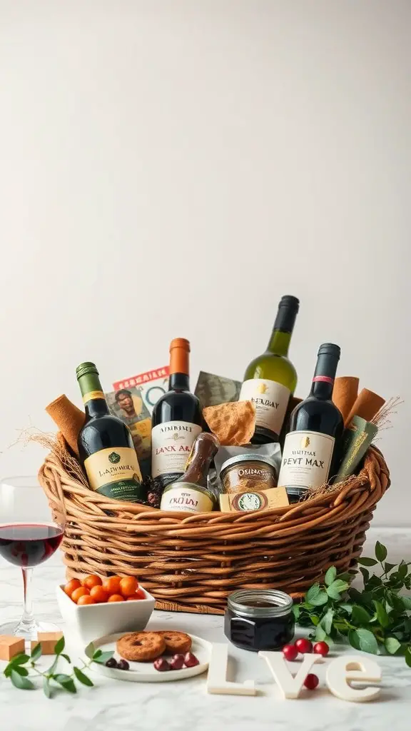 29 Thoughtful Housewarming Gift Ideas Everyone Will Love 2 A beautifully arranged wine gift basket featuring various wine bottles, snacks, and treats.