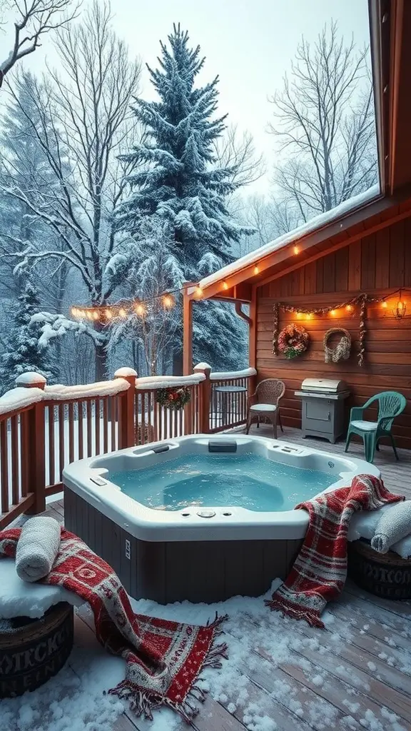 A snowy deck featuring a hot tub, surrounded by trees and decorated with string lights.