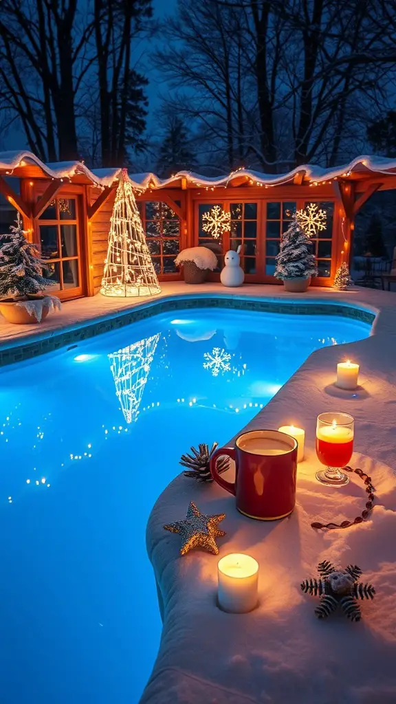 13 Creative Stock Tank Pool Ideas for Your Backyard 12 A beautifully decorated stock tank pool in winter with lights, candles, and a snowman.