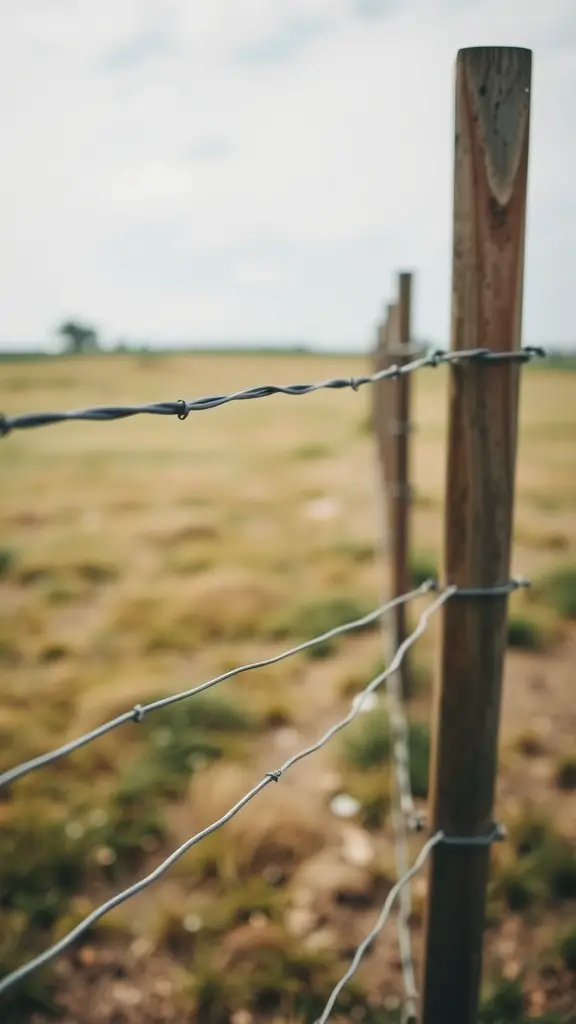 15 Affordable Fence Ideas for Your Backyard 5 A wire fence with wooden posts and tensioned wire in a grassy field