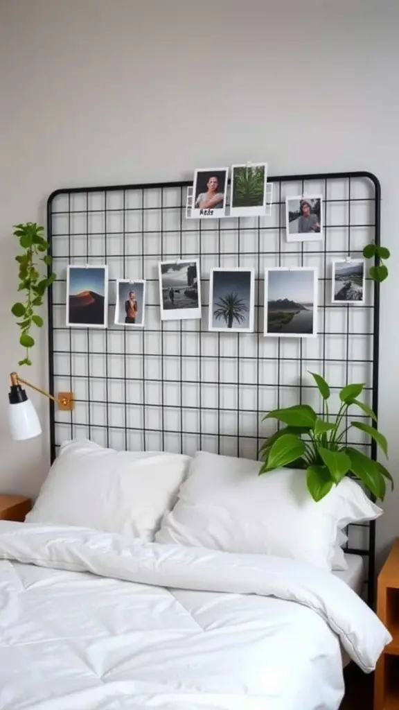 17 Creative Dorm Headboard Ideas to Transform Your Space 10 Wire grid panel headboard with photos and plants