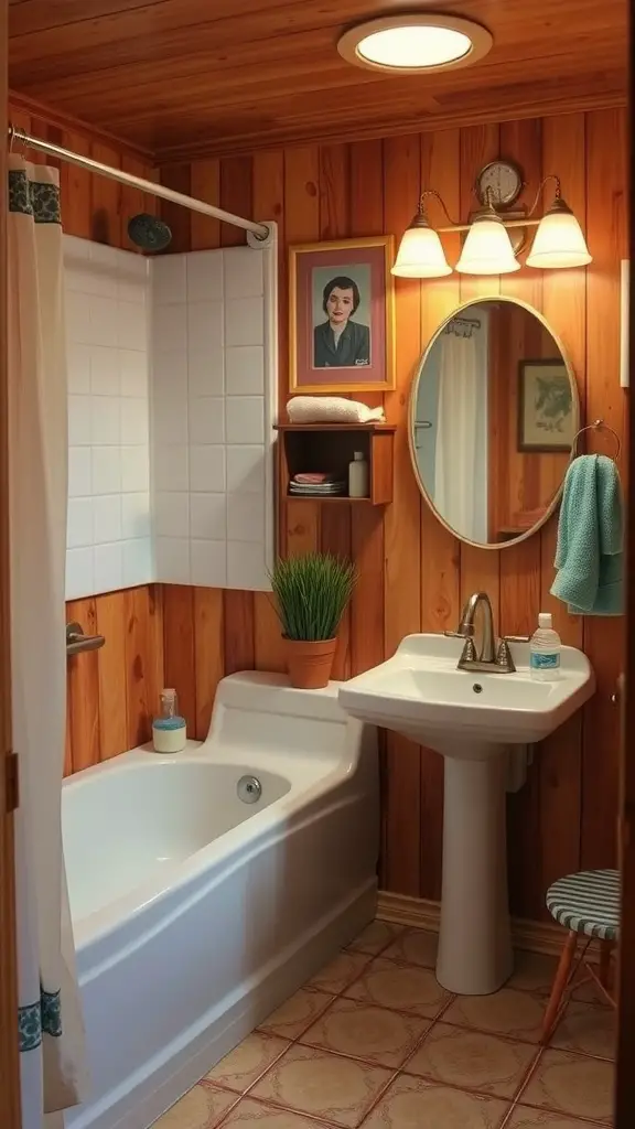 15 Fabulous 70s Bathroom Aesthetic Ideas to Inspire Your Renovation 9 A cozy bathroom featuring wooden paneling, a white bathtub, and vintage decor.