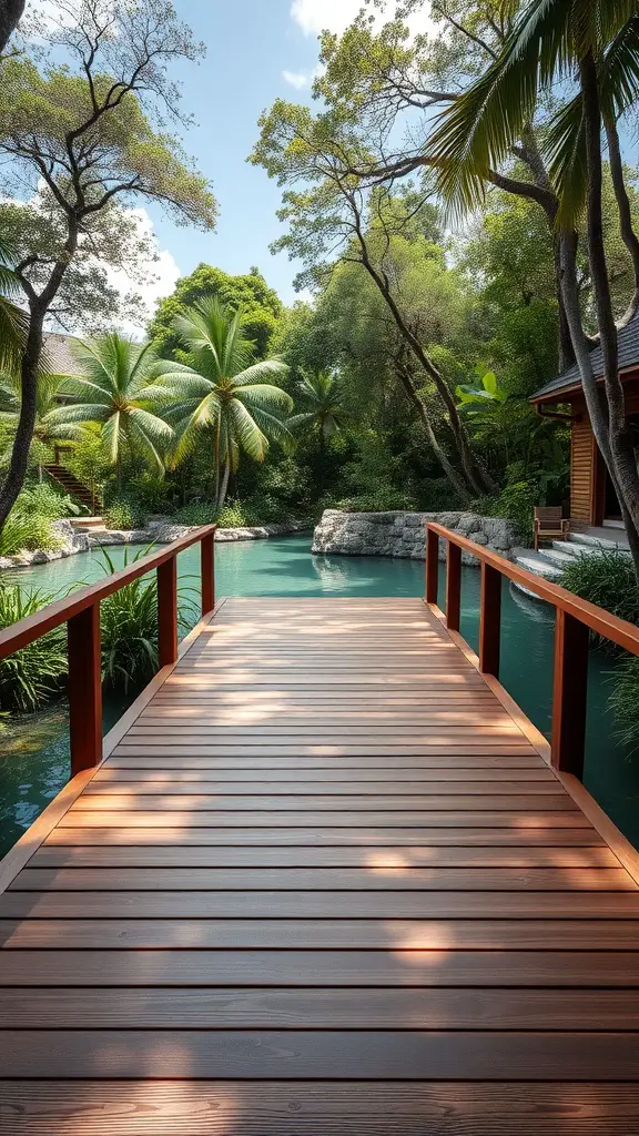 17 Stunning Natural Pool Ideas for Your Backyard Escape 5 A wooden decking path leading to a serene natural pool surrounded by trees and greenery.