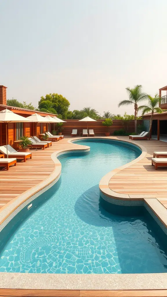 13 Dreamy Lazy River Pool Ideas for Your Backyard Transformation 14 A beautiful lazy river pool with wooden decking, sun loungers, and umbrellas.