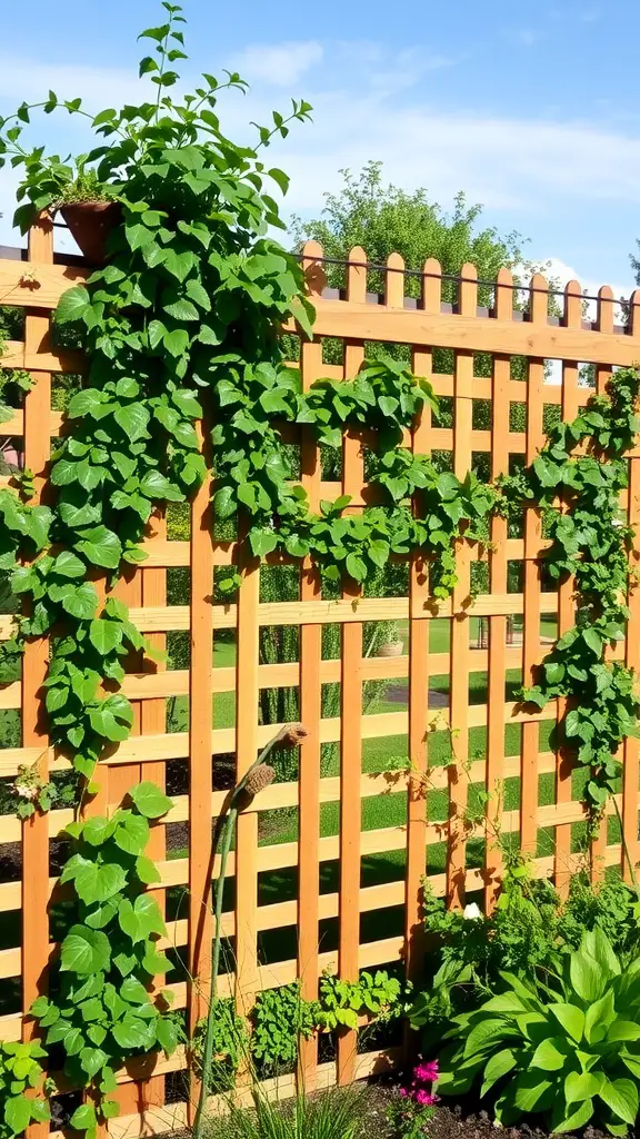 17 Creative DIY Garden Fence Ideas to Enhance Your Outdoor Space 11 Wooden lattice fence adorned with climbing plants and greenery