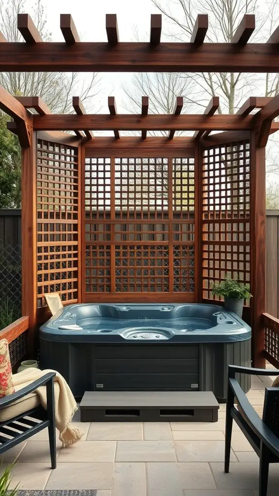 19 Creative Hot Tub Privacy Ideas for Ultimate Relaxation 7 A rustic wooden screen surrounding a hot tub, with comfortable seating and greenery.