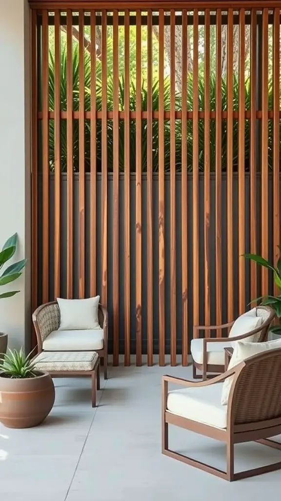 15 Creative DIY Privacy Fence Ideas for Your Backyard 17 A stylish wooden slat screen providing privacy in an outdoor seating area
