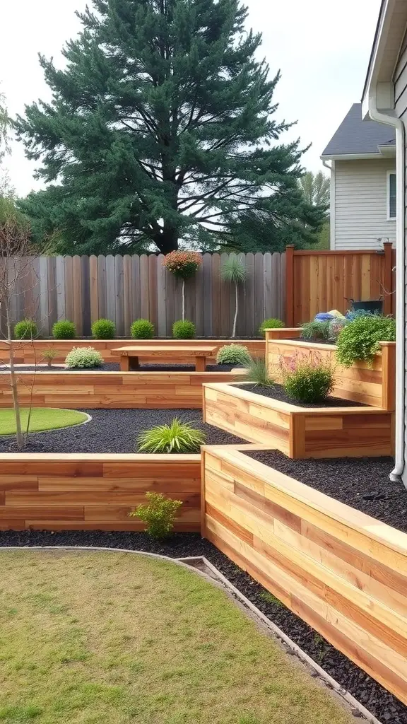 23 Inspiring Retaining Wall Steps for Your Sloped Backyard 9 A sloped backyard featuring tiered wooden timber retaining walls with various plants and landscaping.