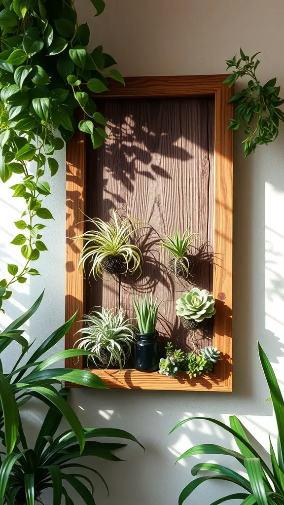 19 Creative Air Plant Display Ideas for Your Home 2 A wooden wall planter displaying various air plants, with green leaves surrounding it.