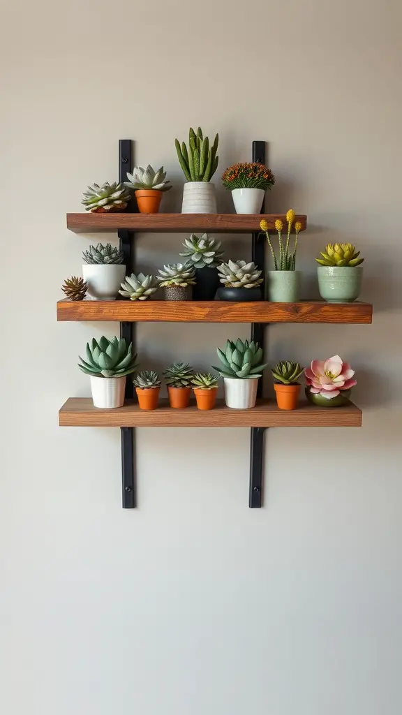 19 Beautiful Indoor Wall Plant Ideas to Transform Your Space 8 Wooden wall shelves displaying a variety of succulents in colorful pots