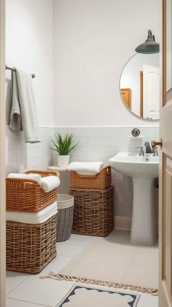 25 Charming Cottage Style Bathroom Ideas to Inspire Your Next Renovation 10 A cozy bathroom featuring woven baskets for storage, neatly arranged with towels and a small plant.