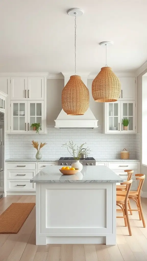 17 Stunning Kitchen Island Pendant Lighting Ideas 12 Two woven rattan pendant lights hanging above a kitchen island in a modern white kitchen.