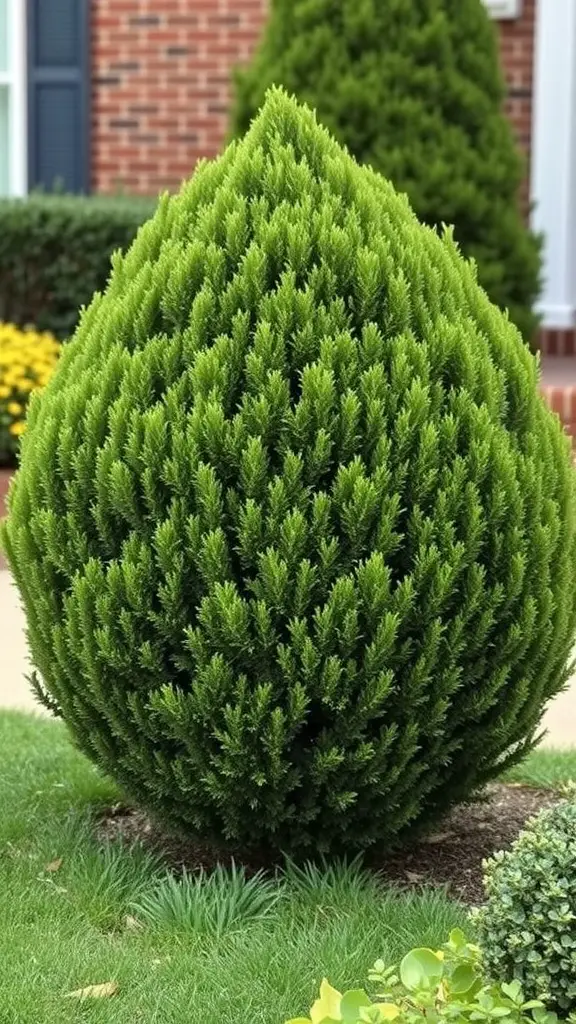 A well-shaped yew shrub in a front yard, showcasing its dense green foliage and rounded form.