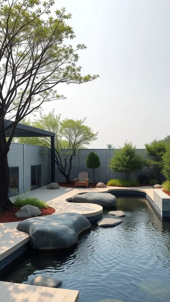 13 Dreamy Lazy River Pool Ideas for Your Backyard Transformation 12 A peaceful Zen garden with a winding water feature, smooth stones, and greenery, complemented by a comfortable chair.