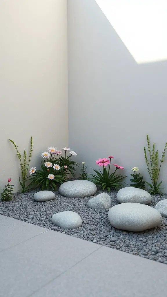 15 Beautiful Corner Flower Bed Ideas for Your Garden 11 A Zen garden corner with flowers and smooth stones.