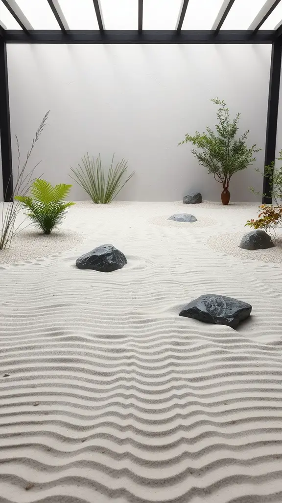 25 Garden Inspiration Ideas to Transform Your Outdoor Space 2 A serene zen garden featuring raked sand, stones, and greenery.