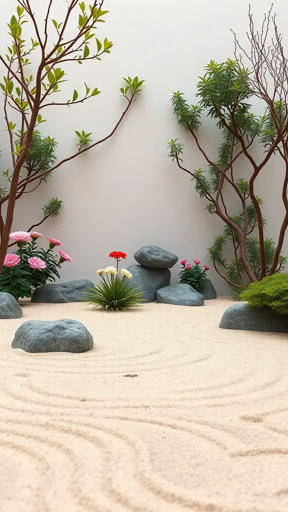 A serene Zen garden featuring sand, rocks, and colorful flower arrangements.