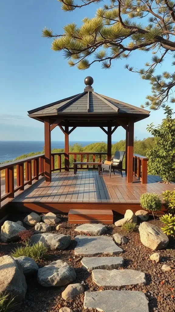 17 Stunning Gazebo Deck Ideas for Your Outdoor Oasis 13 A wooden gazebo on a deck overlooking the sea, surrounded by stones and greenery.
