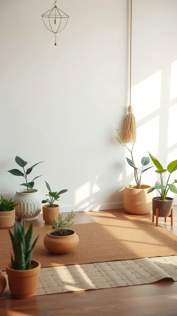 21 Stunning Room Plants Ideas to Transform Your Space 2 A serene zen meditation space with various plants in terracotta pots, natural textures, and soft sunlight.