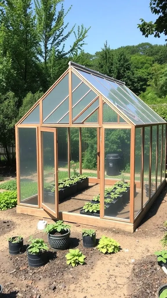 21 Creative Mini Greenhouse Ideas to Maximize Your Gardening Space 11 An A-frame mini greenhouse with wooden structure and glass panels, surrounded by potted plants.