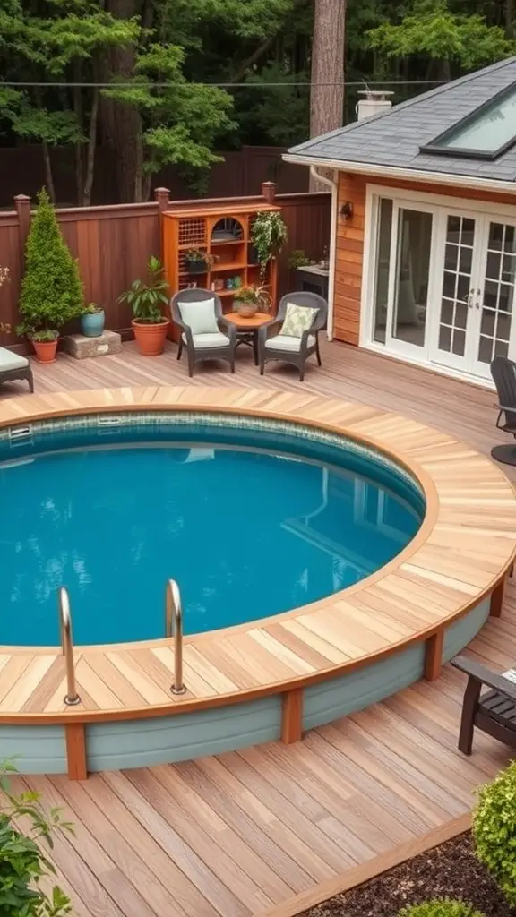 An above-ground circular pool surrounded by wooden decking and outdoor seating.