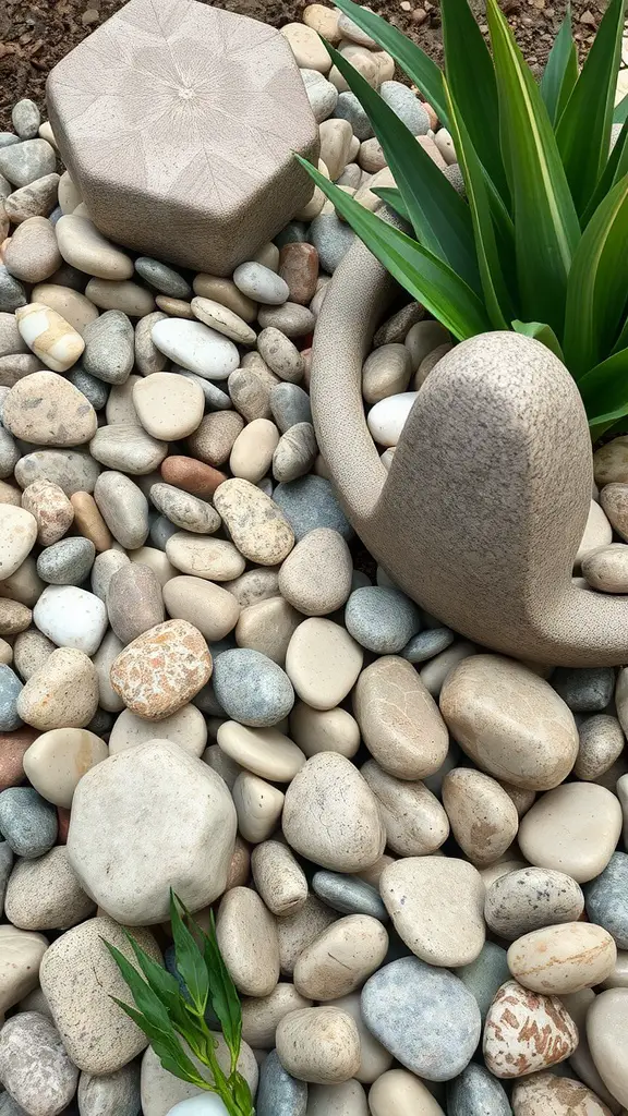 19 Creative River Rock Landscaping Ideas for Your Garden 2 An arrangement of polished river pebbles with decorative planters and a green plant.