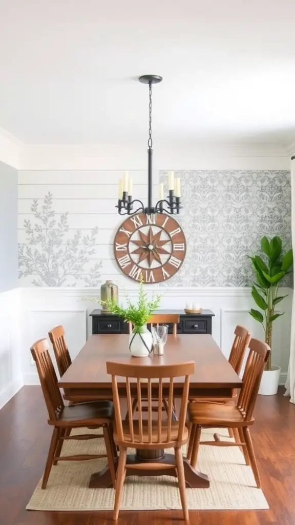 19 Stunning Modern Farmhouse Dining Room Ideas You’ll Love 15 Modern farmhouse dining room with shiplap and floral wallpaper accent wall, large dining table, and wooden chairs.