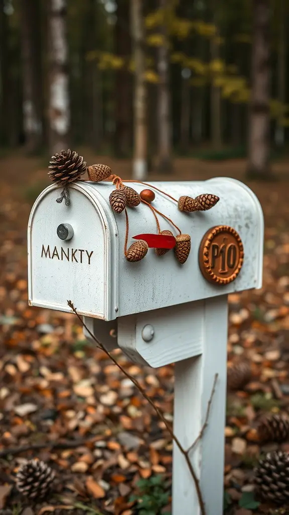 A white mailbox decorated with pinecones and acorns in a forest setting