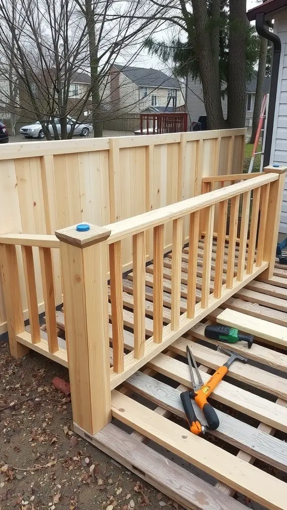 15 Creative DIY Ideas for a Stunning Pallet Deck 10 Wooden railing being added to a pallet deck for safety