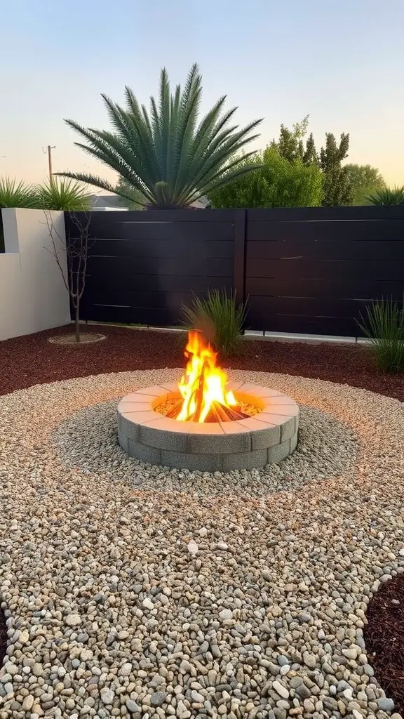 15 Stunning Fire Pit Landscaping Ideas for Your Outdoor Space 17 Fire pit surrounded by decorative gravel and plants in a landscaped area.