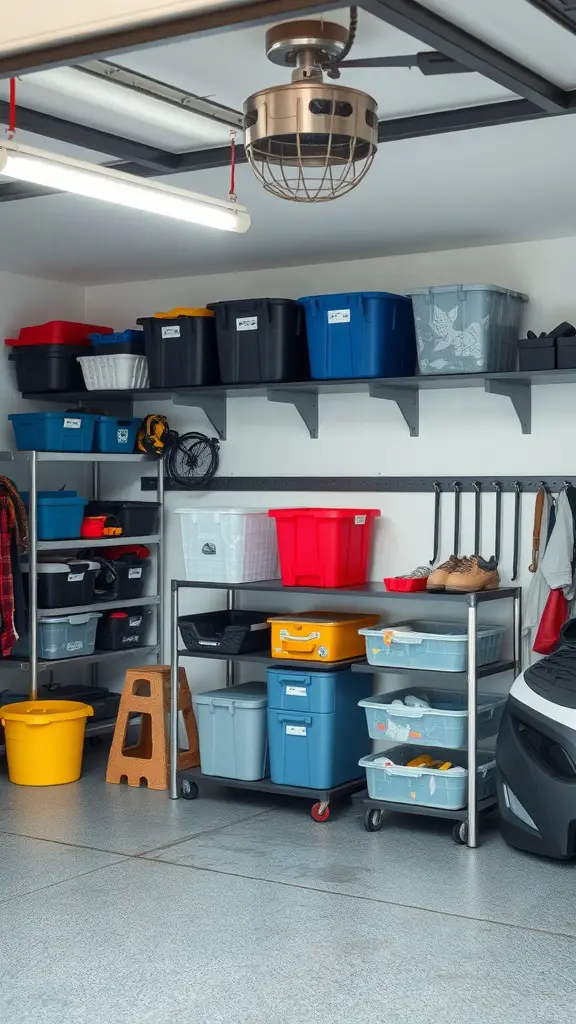 25 Creative Garage Living Space Ideas to Transform Your Home 14 A well-organized garage with shelves filled with colorful storage bins and clear containers.