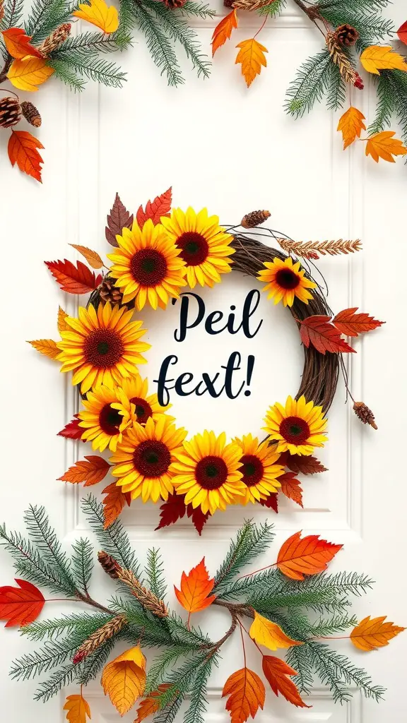 A decorative sunflower wreath with autumn leaves and evergreen branches on a white door.
