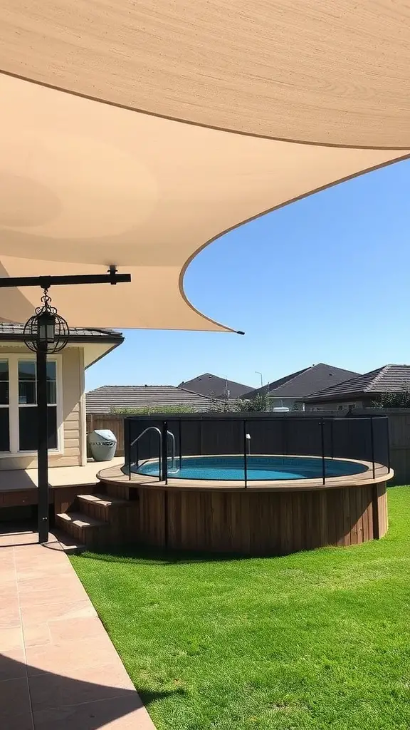 21 Stunning Above Ground Pool Deck Designs for Your Backyard 5 An above-ground pool with a stylish shade sail covering part of the deck.