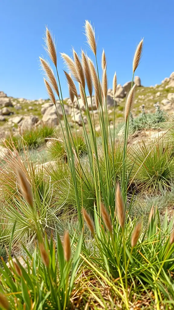 23 Stunning Alpine Garden Ideas for a Breathtaking Landscape 13 Tall alpine grasses with feathery plumes swaying in the sunlight against a clear blue sky.