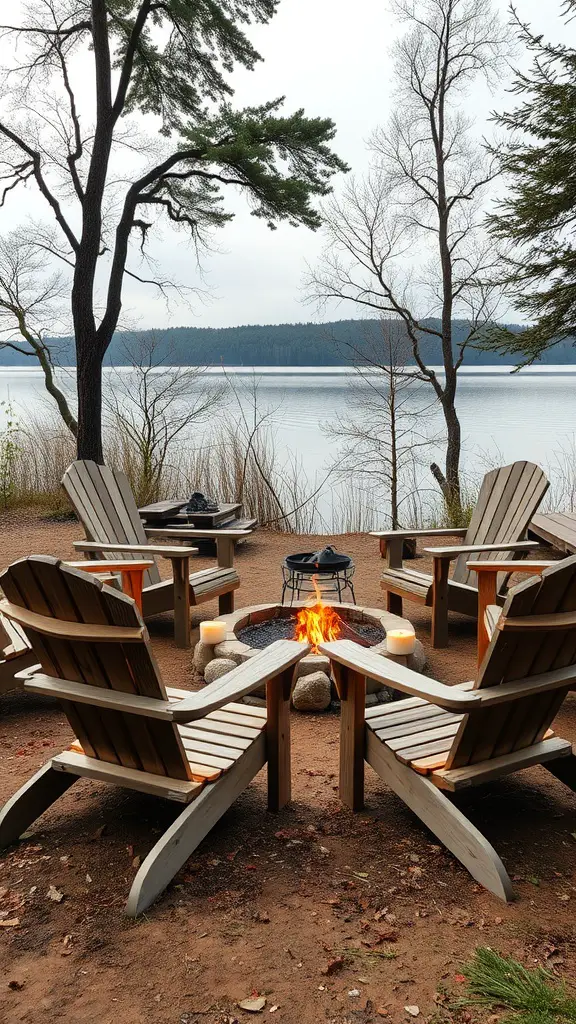 19 Stylish Outdoor Fire Pit Seating Ideas for Cozy Gatherings 2 A circle of Adirondack chairs surrounding a fire pit by a lake.
