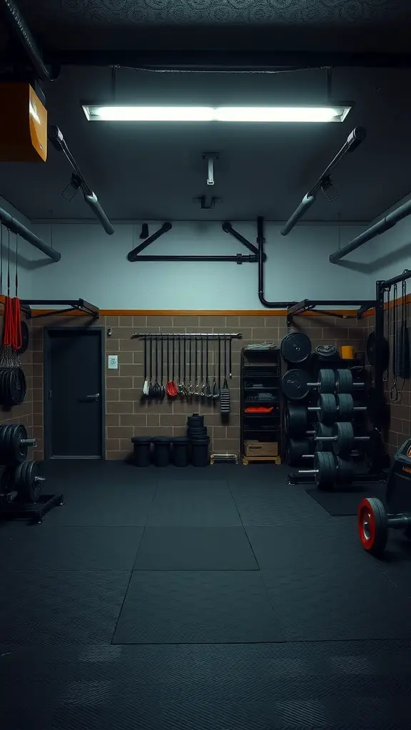 21 Inspiring Garage Gym Ideas for Your Home Workout Space 4 A garage gym with bright overhead lighting and workout equipment arranged neatly.